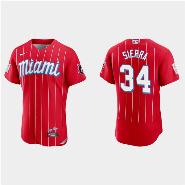 Men's Miami Marlins #34 Magneuris Sierra Red 2021 City Connect Flex Base Stitched Jersey